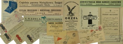11 Aukce kuriozit z antikvariátu Bartoszko v Poznani - reklama, reklamní tiskoviny, účty, směnky, advokáti, exekutoři, obálky, korespondence.
