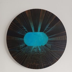 Paula Staniec, „Kurs kolizyjny” – obraz akrylowy, abstrakcja architektoniczna, okrągłe płótno Ø 60 cm