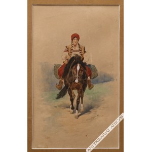 Holzmüller Juliusz (1876-1932), [rysunek, 1906] Hucułka na koniu