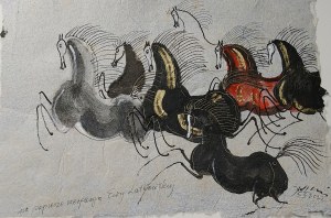 Józef Wilkoń (ur.1930), Tabun z  rumakiem czerwonym rumakiem na papierze Ewy Latkowskiej, w oprawie (rama złota, włoska), 2022