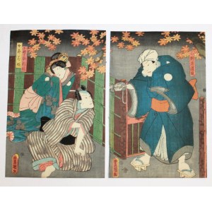 TOYOKUNI III Utagawa (1786 - 1865), Dwóch mężczyzn i kobieta w jesiennej scenerii. Scena z teatru kabuki.