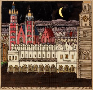 Józef Wilkoń, Noc w Krakowie’ ilustracja do książki “Od gór do morza” Jerzego Kiersta (nieopublikowana), 1974