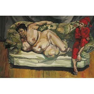 The Krasnals, digigraphie na papierze, 2023, 60 x 90 cm, ed. 1/19, wg obrazu The Krasnals. Krasnal Bansky Greetings from Benefis Supervisor Sleeping by Lucien Freud / Hmm... what can we do for 33,6 mln dollars? (part 1). 2008. Oil on canvas. 100 x 150 cm