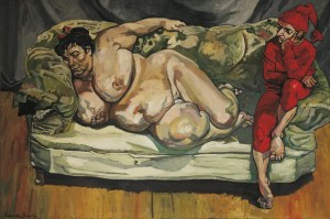 The Krasnals, digigraphie na papierze, 2023, 60 x 90 cm, ed. 1/19, wg obrazu The Krasnals. Krasnal Bansky Greetings from Benefis Supervisor Sleeping by Lucien Freud / Hmm... what can we do for 33,6 mln dollars? (part 1). 2008. Oil on canvas. 100 x 150 cm