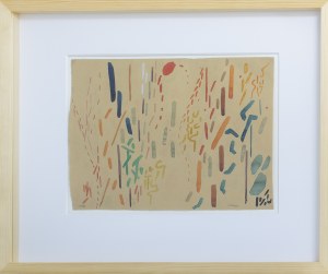 Janina Kraupe-Świderska, Zachód słońca w górach, 1958, akwarela, papier, 31 x 22 cm, w opr. 43 x 53 cm, sygn.