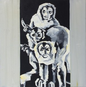 The Krasnals, Untitled - Małpy z białymi bananami, olej na płótnie, 50 x 50 cm, sygn. tył