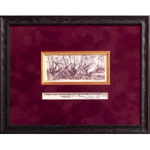 Jerzy Duda-Gracz, Jerzy Duda-Gracz, Szkic do obrazu 2682. Lubniewice - Impromptu Nr 3 Ges-dur, piórko, papier, wymiary w passe-partout 6 x 13 cm , wymiary w oprawie 27 x 34 cm
