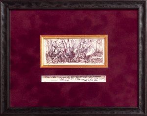 Jerzy Duda-Gracz, Jerzy Duda-Gracz, Szkic do obrazu 2682. Lubniewice - Impromptu Nr 3 Ges-dur, piórko, papier, wymiary w passe-partout 6 x 13 cm , wymiary w oprawie 27 x 34 cm