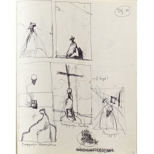 Jerzy Duda-Gracz, karta ze szkicownika zawierająca m.in szkic do obrazu Motyw polski-peregrynacja + digigraphie Motyw polski - Peregrynacja, 1982/2021 lub Autoportret (Ora et colabora)