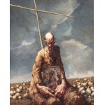 Jerzy Duda-Gracz, karta ze szkicownika zawierająca m.in szkic do obrazu Motyw polski-peregrynacja + digigraphie Motyw polski - Peregrynacja, 1982/2021 lub Autoportret (Ora et colabora)