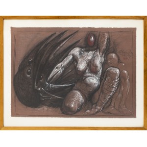 Franciszek Starowieyski, Kompozycja, 1987, pastel, węgiel, papier bordowo-brązowy; 49 x 67 cm; opisany i dat. przy prawej krawędzi u góry: [monogram autorski] / 1687 / NY [w okręgu]