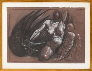 Franciszek Starowieyski, Kompozycja, 1987, pastel, węgiel, papier bordowo-brązowy; 49 x 67 cm; opisany i dat. przy prawej krawędzi u góry: [monogram autorski] / 1687 / NY [w okręgu]