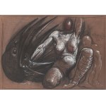 Franciszek Starowieyski, Kompozycja, 1987, pastel, węgiel, papier bordowo-brązowy; 49 x 67 cm; opisany i dat. przy prawej krawędzi u góry: [monogram autorski] / 1687 / NY [w okręgu]