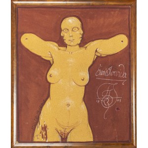 Franciszek Starowieyski, Światowida, 2003, olej, korek; 120 x 100 cm; sygn., dat. i opisana przy prawej krawędzi u dołu: Światowida / 17 [inicjał artysty FSB] 03 / Ł [w okręgu], po lewej napis: SMOCZE NASIENIE