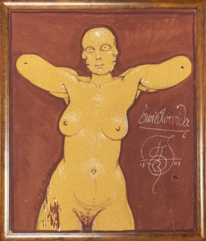 Franciszek Starowieyski, Światowida, 2003, olej, korek; 120 x 100 cm; sygn., dat. i opisana przy prawej krawędzi u dołu: Światowida / 17 [inicjał artysty FSB] 03 / Ł [w okręgu], po lewej napis: SMOCZE NASIENIE