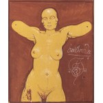 Franciszek Starowieyski, Światowida, 2003, olej, korek; 120 x 100 cm; sygn., dat. i opisana przy prawej krawędzi u dołu: Światowida / 17 [inicjał artysty FSB] 03 / Ł [w okręgu], po lewej napis: SMOCZE NASIENIE