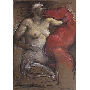 Franciszek Starowieyski, Pospolite zdarzenie miłosne  kredki pastel papier 150 x 110 cm 2004, sygnowany monogramem artysty i datowany l.g.: '[monogram] 1704 | R' oraz opisany p.g.: 'POSPOLITE ZDAŻENIE | MIŁOSNE'