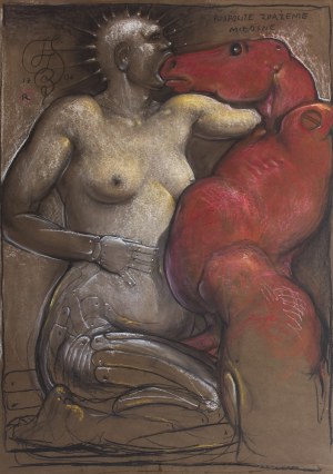 Franciszek Starowieyski, Pospolite zdarzenie miłosne  kredki pastel papier 150 x 110 cm 2004, sygnowany monogramem artysty i datowany l.g.: '[monogram] 1704 | R' oraz opisany p.g.: 'POSPOLITE ZDAŻENIE | MIŁOSNE'