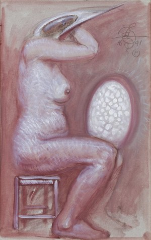 Franciszek Starowieyski, Jajo wiedzy 1991 47 x 29,8 cm akwarela gwasz pastel papier Wymiary: 47 x 29,8 cm (w świetle passe-partout) sygnowany monogramem artysty i datowany p.g.: '1691 | P'