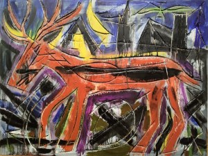 Zdzisław Nitka, Jeleń, miasto, noc, 76 cm x 100 cm, 2022