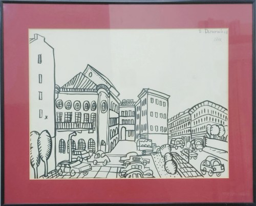 EDWARD DWURNIK, Warszawa, Teatr Polski, kredka, papier, tusz, ołówek, papier, 30 x 40 cm, 1968