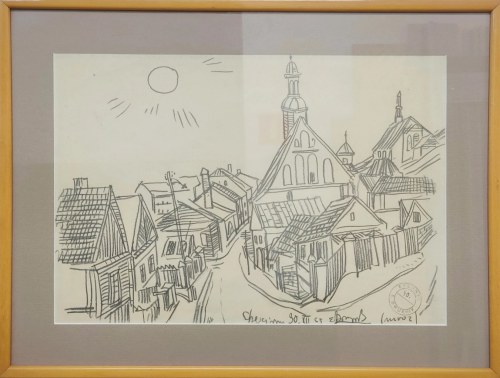 EDWARD DWURNIK, Chęciny, ołówek, papier, 29 x 41 cm, 1965