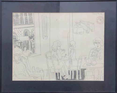 EDWARD DWURNIK, We wnętrzu, ołowek, papier, kredka, 30 x 39 cm, 1968