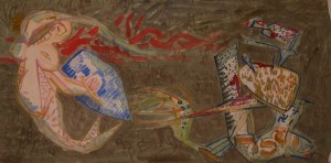 Bogusław Szwacz, Walka Syrenki, akwarela, papier, 70 x 140 cm, 1956