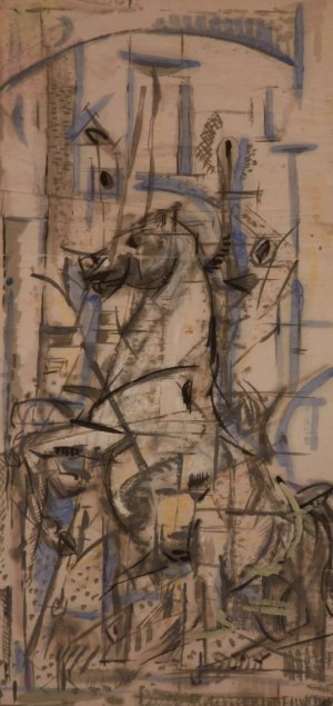 Bogusław Szwacz, Walka Syrenki, akwarela, papier, 70 x 140 cm, 1955