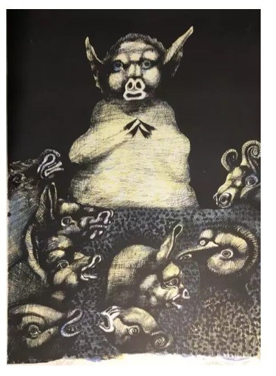 Jan Lebenstein, Folwark Zwierzęcy, Litografia, papier, 50 x 70 cm, 1974