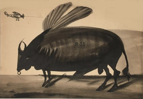 Franciszek Starowieyski, Latająca krowa, Tusz, papier, 30 x 40 cm, 1955