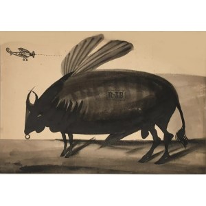 Franciszek Starowieyski, Latająca krowa, Tusz, papier, 30 x 40 cm, 1955