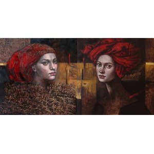 Mira SKOCZEK-WOJNICKA  2x40x40cm dyptyk, Futrem otulona Czerwony turban