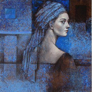 Mira SKOCZEK-WOJNICKA 60x60cm, Niebieski kwadrat - błękitny turban