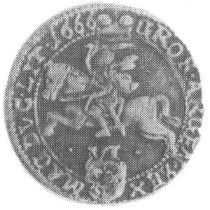 szóstak 1666, Wilno, Aw: Popiersie i napis, Rw: Pogoń i...