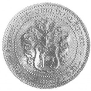 medal mosiężny złocony, Aw: Kogut i kury, napis, sygn. ...