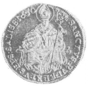 dukat 1650, Salzburg, Aw: Siedząca postać św. Rudberta ...