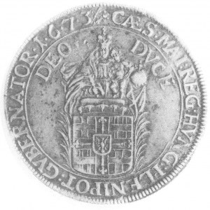 talar 1673, Aw: Popiersie Jana Kacpra i napis, Rw: Mado...
