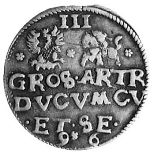 trojak 1596r., Mitawa, Aw: Portret Fryderyka i napis, R...