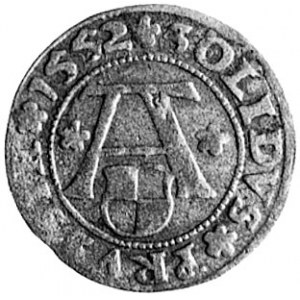 szeląg 1552, Królewiec, Aw: Orzeł i napis, Rw: Monogram...