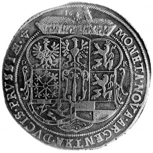 talar 1636, Królewiec, Aw: Półpostać i napis, Rw: Tarcz...