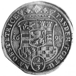 gulden 1690, Aw: Popiersie i napis, Rw: Tarcza herbowa ...