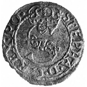 szeląg 1580, Olkusz, Aw: Monogram i napis, Rw: Tarcze h...