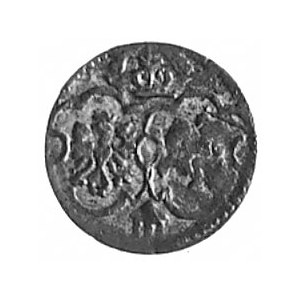 denar 1623, Łobżenica, Aw: Monogram, Rw: Tarcze herbowe...