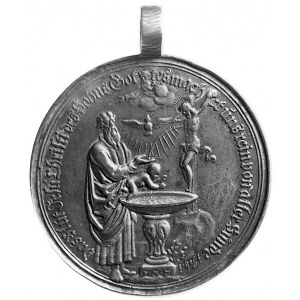 medal chrzcielny koniec XVII w., Aw: Scena chrztu, z bo...