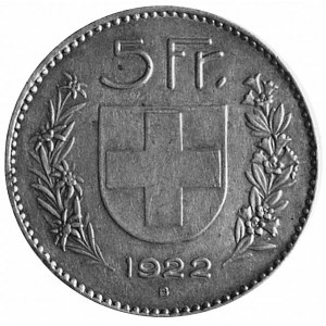 5 franków 1922, Berno, Aw: Tarcza herbowa, nominał i da...