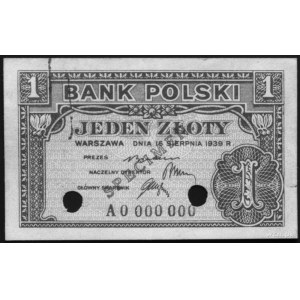 1 złoty 15.08.1939 nr A 0 000.000, (na awersie czerwony...