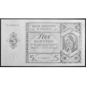 projekt banknotu 5 złotowego 1.03.1940 nr B 1522615, ry...