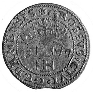 grosz 1577, Gdańsk, Aw: Herb Gdańska i napis, Rw: Półpo...