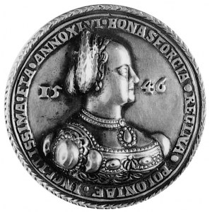 medal królowej Bony 1546, Aw: Popiersie królowej w czep...